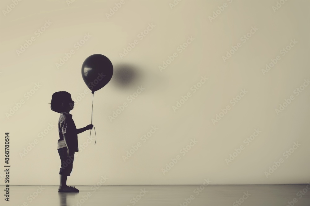 Obraz premium Silhouette of a child holding a balloon in a minimalistic modern setting, with a light background and plenty of space for text, highlighting National Missing Children's Day. image evokes sense of hope