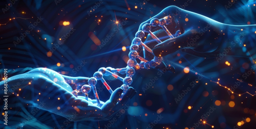 Human hands touching DNA strand, representing genetic engineering and biotechnology concepts Human hands touching DNA strand, representing genetic engineering and biotechnology concepts