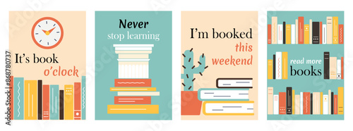 Set Banners with books, quotes. Clock, bookshelf. Architectural column, stack of textbooks, learning and education. Cactus in pot, literature, house plant. Library. Hobby reading. Vector illustration