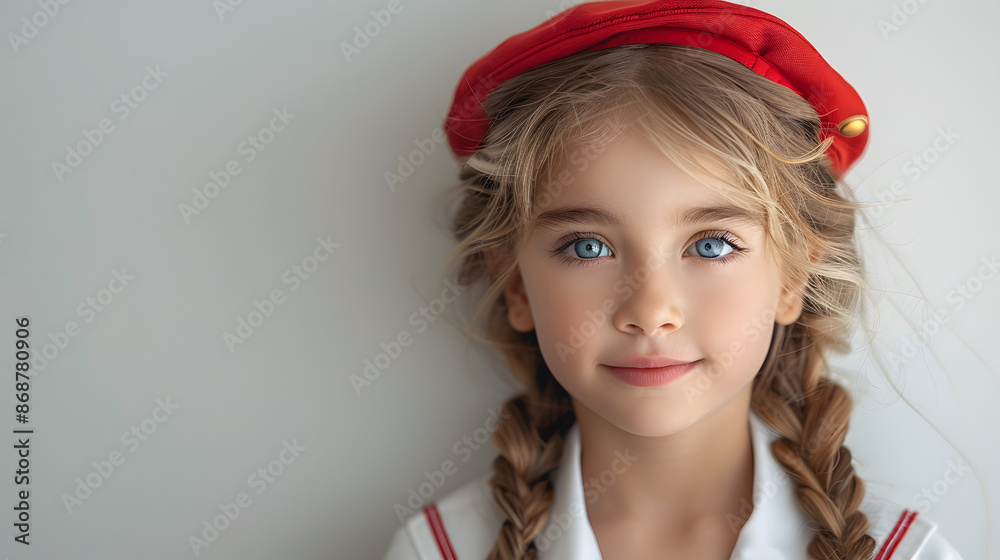 A young girl dressed in an air hostess uniform with a hat, smiling in a bright indoor setting, representing aspirations and imaginative role play, banner with copy space A young girl dressed in an air hostess uniform with a hat, smiling in a bright indoor setting, representing aspirations and imaginative role play, banner with copy space