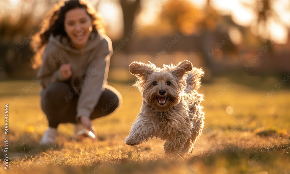 Cachorro feliz correndo em um parque, brincando com sua dona Cachorro feliz correndo em um parque, brincando com sua dona