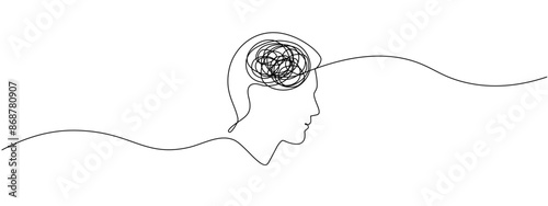 Continuous single line drawing of a person with confused thoughts. Concept of mental health problems, stress, grief, headache in simple linear style. Vector editable illustration