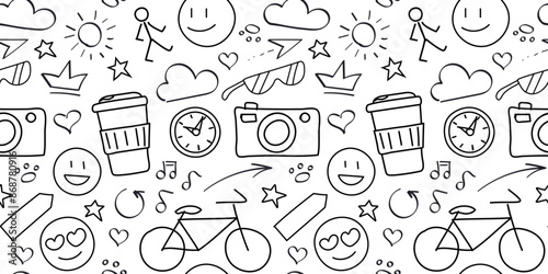Doodle pattern Joys - coffee, smiling and love emoticons. Hobbies are cycling, photography and walking. Sunglasses, sun, clouds. Crown, heart, stars. Notes, arrows and paw print. Vector illustration