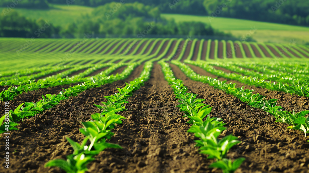 Vibrant rows of young plants in a lush green field Vibrant rows of young plants in a lush green field