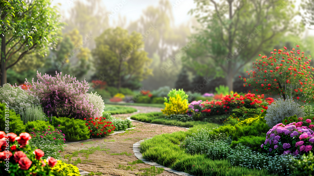 Fototapeta premium Serene garden pathway surrounded by lush greenery and blooming flowers