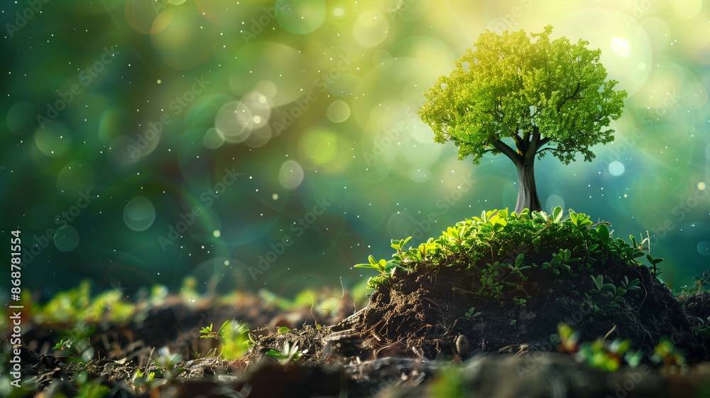 Solitary tree on lush mound under bokeh lights Solitary tree on lush mound under bokeh lights
