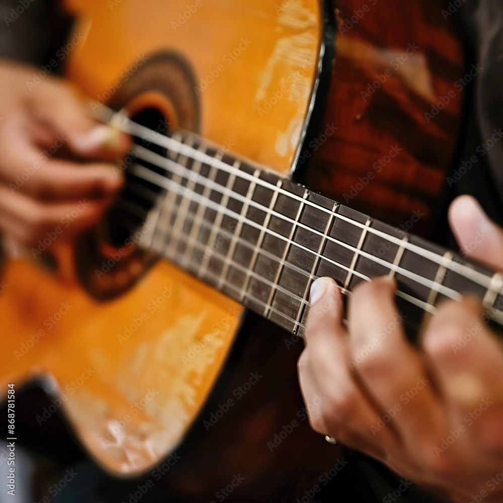 Obraz premium Close up of fingers playing acoustic guitar strings. Generated by AI.
