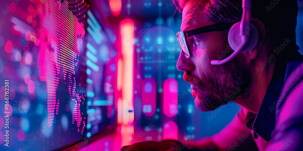 Cybersecurity Analyst Monitoring Data in High-Tech Control Center with Advanced Digital Interfaces Cybersecurity Analyst Monitoring Data in High-Tech Control Center with Advanced Digital Interfaces