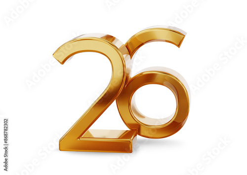 26 twenty six, golden, gold metallic, symbol isolated, 3d-illustration