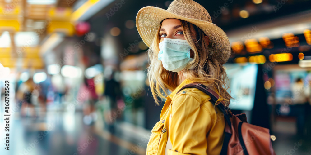 Young woman wearing a mask and hat, exploring a modern airport terminal, emphasizing travel safety and style Young woman wearing a mask and hat, exploring a modern airport terminal, emphasizing travel safety and style