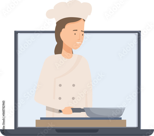 Professional chef is giving an online cooking class using a laptop