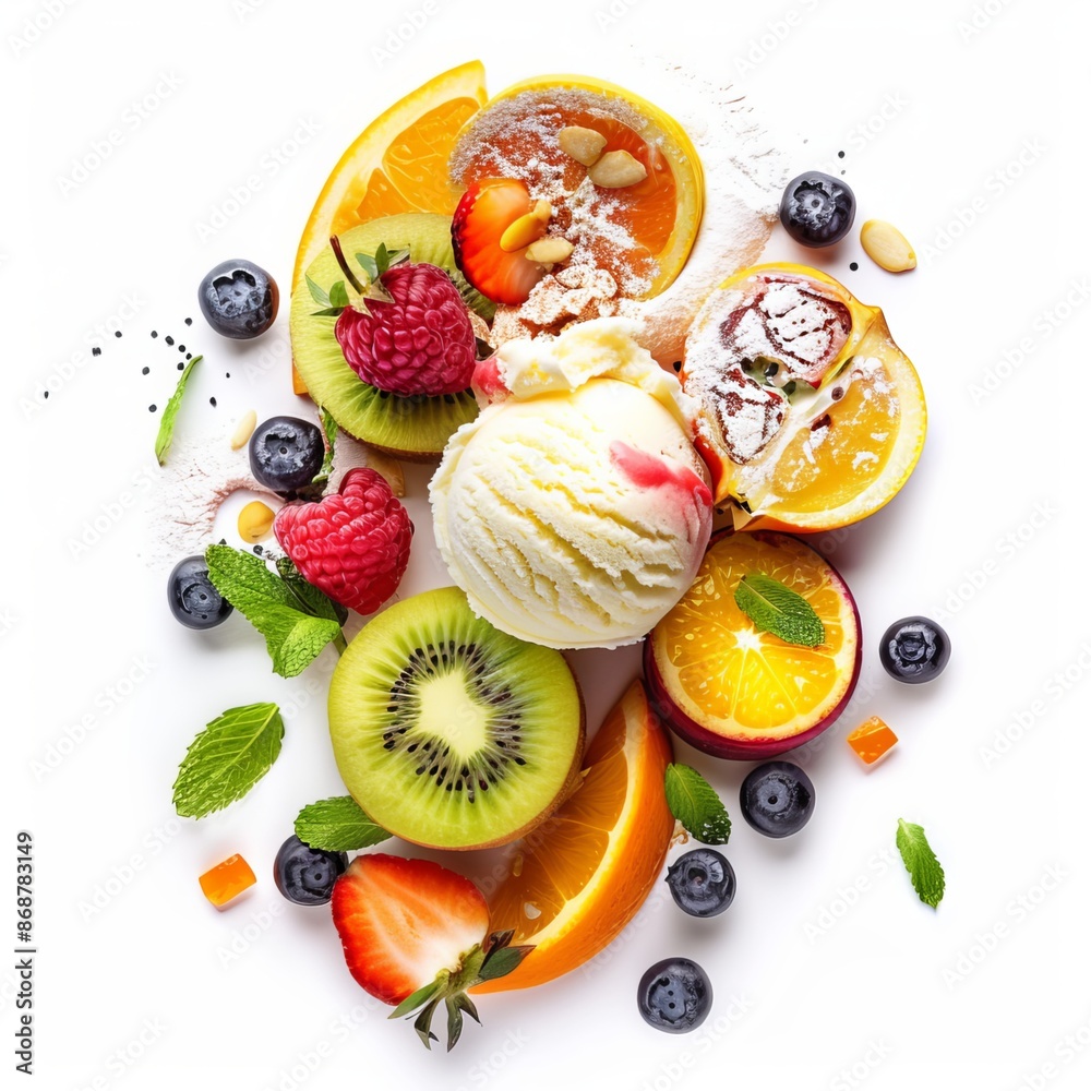Scoop of ice cream with various fruit toppings, set on a white backdrop. An example for art design. Scoop of ice cream with various fruit toppings, set on a white backdrop. An example for art design.