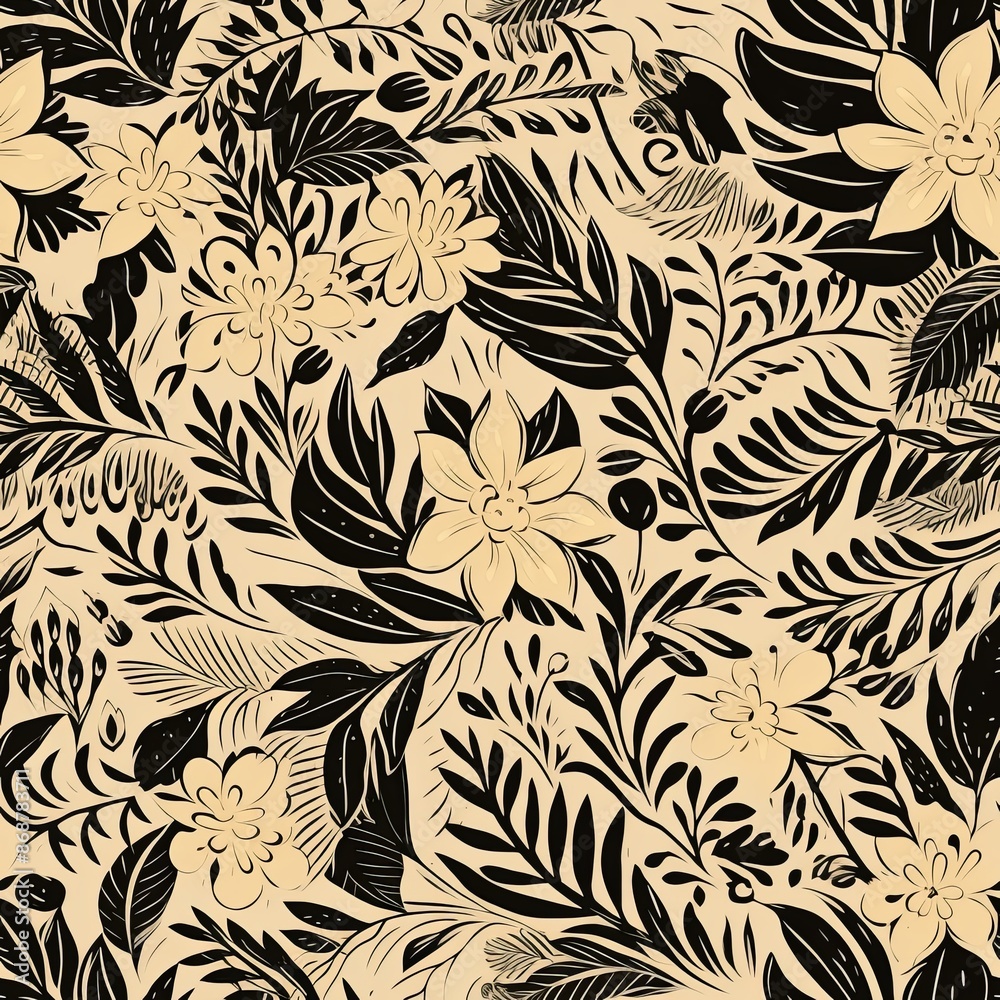Abstract floral lino cuts of leaves and flowers designed in a random patter Abstract floral lino cuts of leaves and flowers designed in a random patter