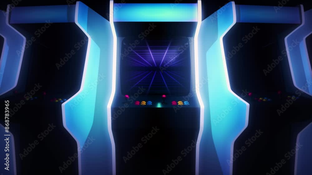 Arcade game machine intro. 3D motion graphics, animation template. Zoom in to the screen of a videogame, with a retro, neon aesthetic