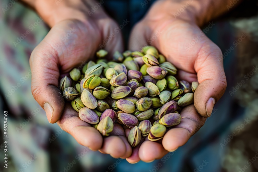 In their hands, a person is holding a bunch of pistachios, a seed In their hands, a person is holding a bunch of pistachios, a seed