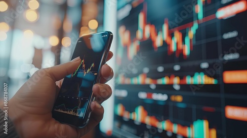 Crypto trader investor broker using a cell phone app to execute financial stock trades in the cryptocurrency market considering investment risks and profit opportunities photo