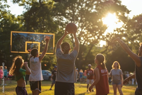 Children playing basketball in a park under summer sky, having fun with a crowd