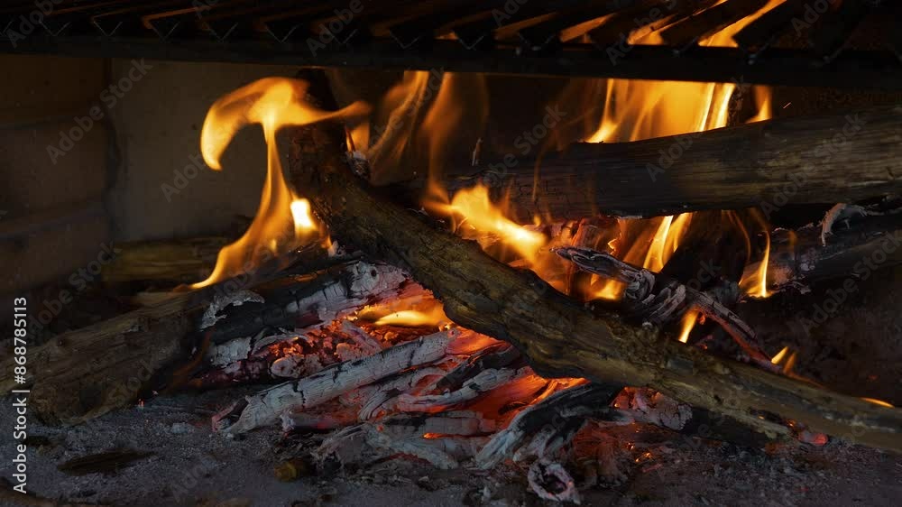 CLOSE UP: Intense flames burning on wood in a grill while preparing cooking fire for an outdoor meal. Vibrant orange flames and glowing embers under grill grate. Picnic and barbecue party in summer. CLOSE UP: Intense flames burning on wood in a grill while preparing cooking fire for an outdoor meal. Vibrant orange flames and glowing embers under grill grate. Picnic and barbecue party in summer.