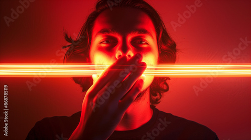 A man with long hair blowing on two red neon light tubes in front of his face, cinematic photography, front view, portrait style in the style of by photography.