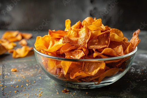 Landscape shot of coconut oil fried jackfruit chips in a glass bowl photo