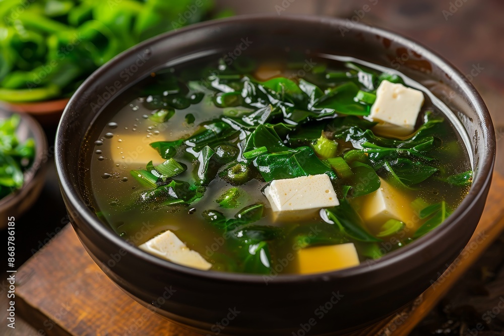 Luxurious miso soup with enoki mushrooms wakame seaweed tofu vegan Asian cuisine Luxurious miso soup with enoki mushrooms wakame seaweed tofu vegan Asian cuisine