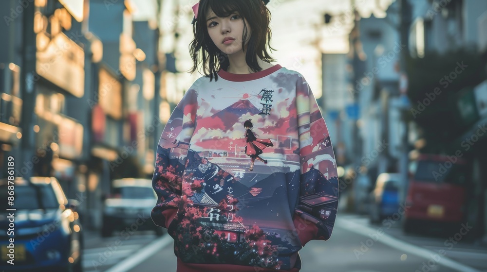 Woman in city street wears anime-style cityscape sweatshirt Woman in city street wears anime-style cityscape sweatshirt