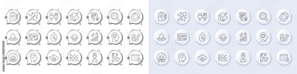 Vitamin k, No alcohol and Time management line icons. White pin 3d buttons, chat bubbles icons. Pack of Mental health, Cloud computing, Sunrise icon. Vector