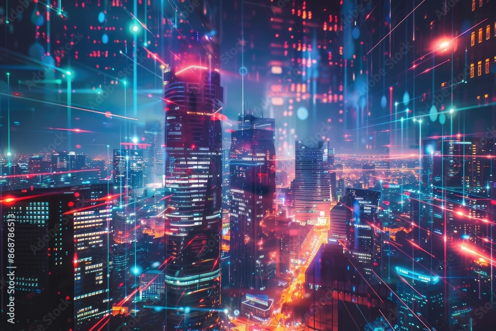 Obraz premium City skyline with digital metaverse wallpaper Cyberpunk and futuristic concept Double exposure