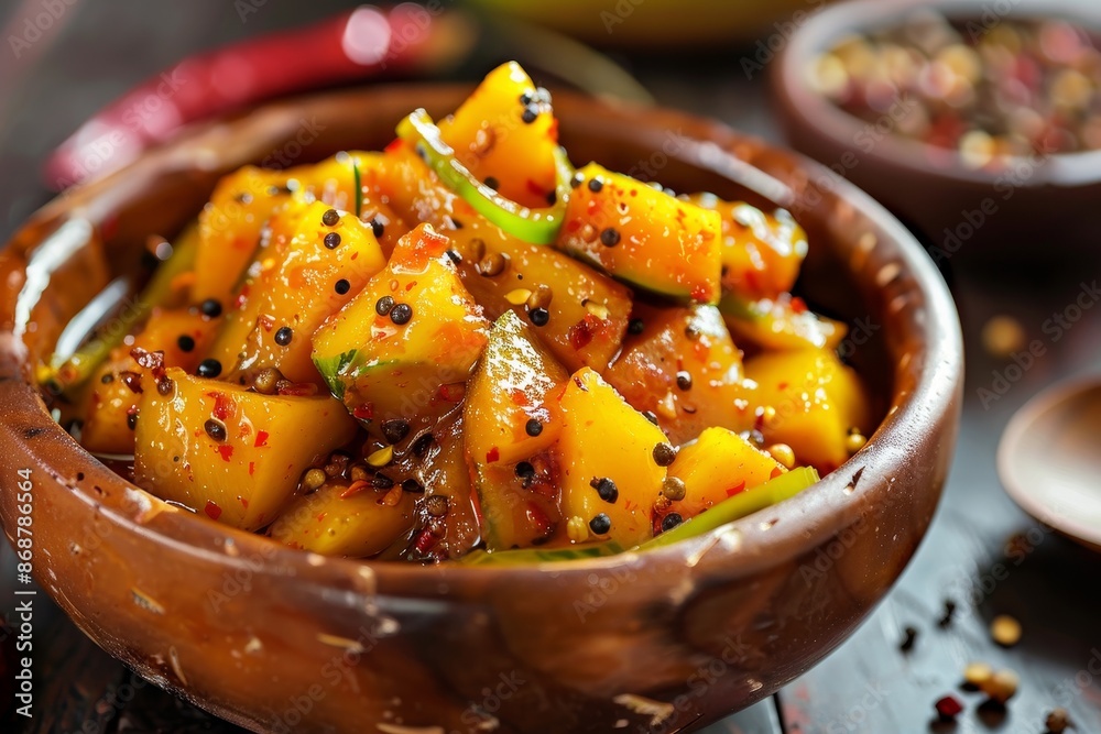 Mango pickle in a bowl focused viewing Mango pickle in a bowl focused viewing