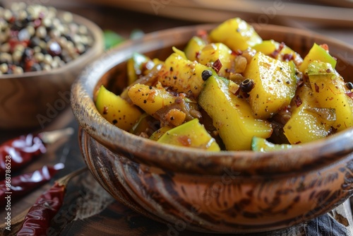 Mango pickle also known as Aam Ka Achar is made with green unpeeled mango mixed with spices like garlic red chilli salt turmeric and mustard photo