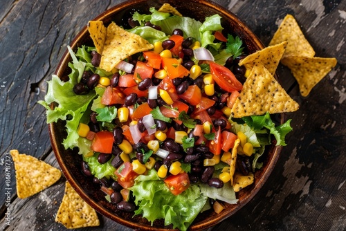 Mexican bean salad with salsa and chips photo