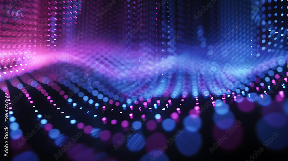 a close-up view of a grid of illuminated dots extending towards the horizon on a surface, with a purple and blue color gradient a close-up view of a grid of illuminated dots extending towards the horizon on a surface, with a purple and blue color gradient