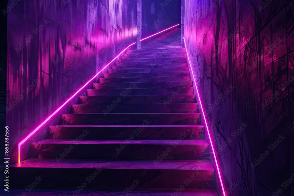 Futuristic city of concrete and neon at night with glowing stairs and neon rays on dark streets Futuristic city of concrete and neon at night with glowing stairs and neon rays on dark streets