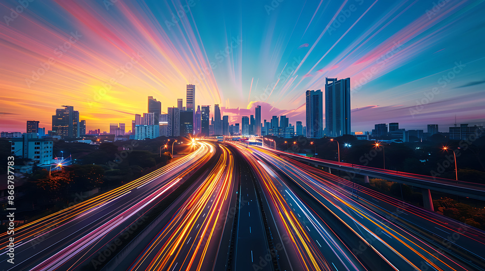 Fototapeta premium a captivating long-exposure photograph of a bustling cityscape during twilight. Vibrant light trails from moving traffic streak across the road, leading toward a skyline adorned with towering buildin