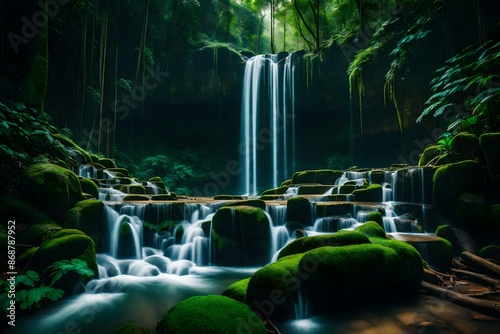 beautiful waterfall in green forest in jungle at phu tub berk mountain , phetchabun, photo