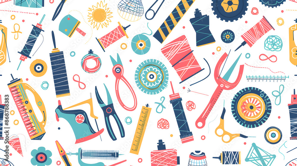 Seamless pattern with different sewing and embroidery tools on white ...