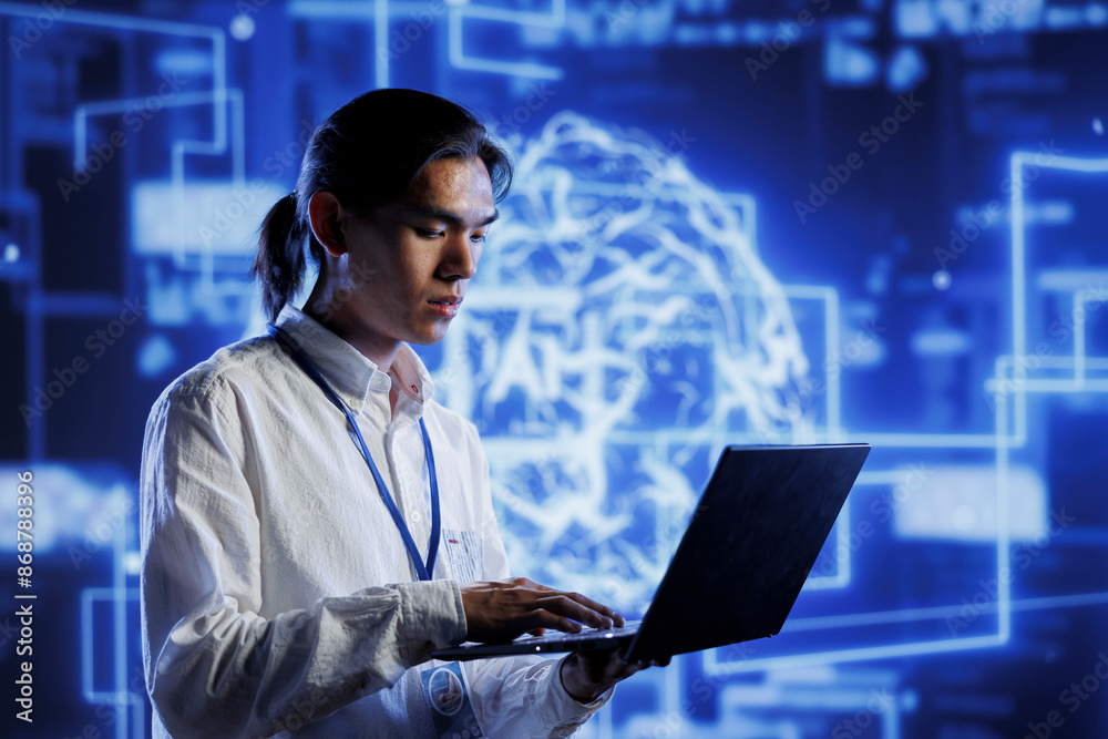 Engineer in server room uses device for artificial intelligence computing simulating human brain through self learning algorithms. Cloud computing business executive works with AI deep neural networks Engineer in server room uses device for artificial intelligence computing simulating human brain through self learning algorithms. Cloud computing business executive works with AI deep neural networks