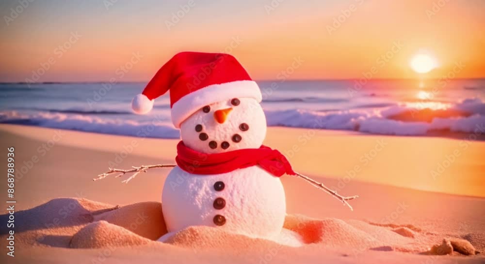 snowman wearing santa hat on the beach at sunset