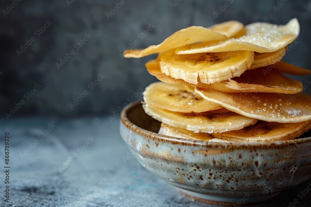 Moody background featuring homemade banana chips with selective focus Moody background featuring homemade banana chips with selective focus