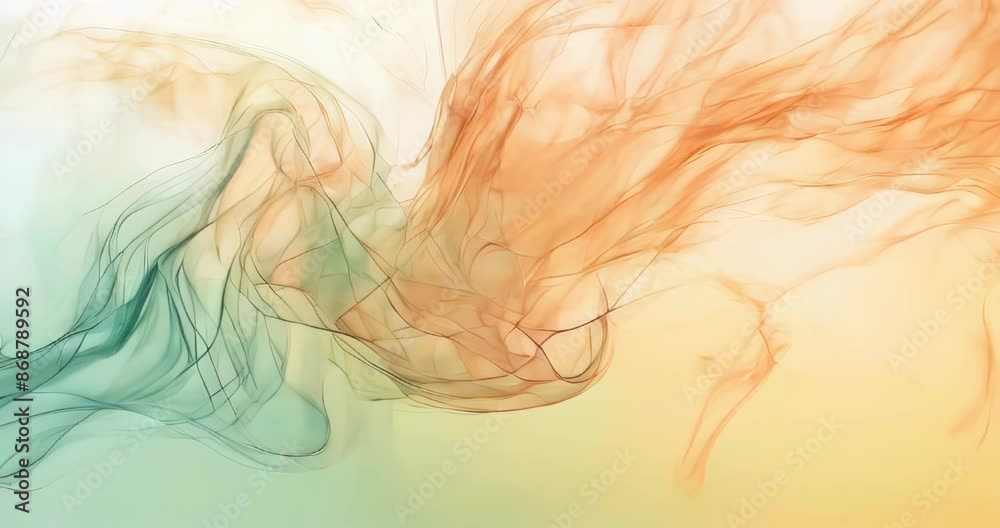  Abstract colorful smoke swirls in slow motion, artistic fluid patterns, orange and green hues on light background