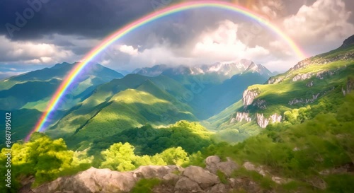 Vivid rainbow arching over a picturesque mountain landscape with dramatic clouds and lush greenery creating a vibrant and enchanting scene 4k animation