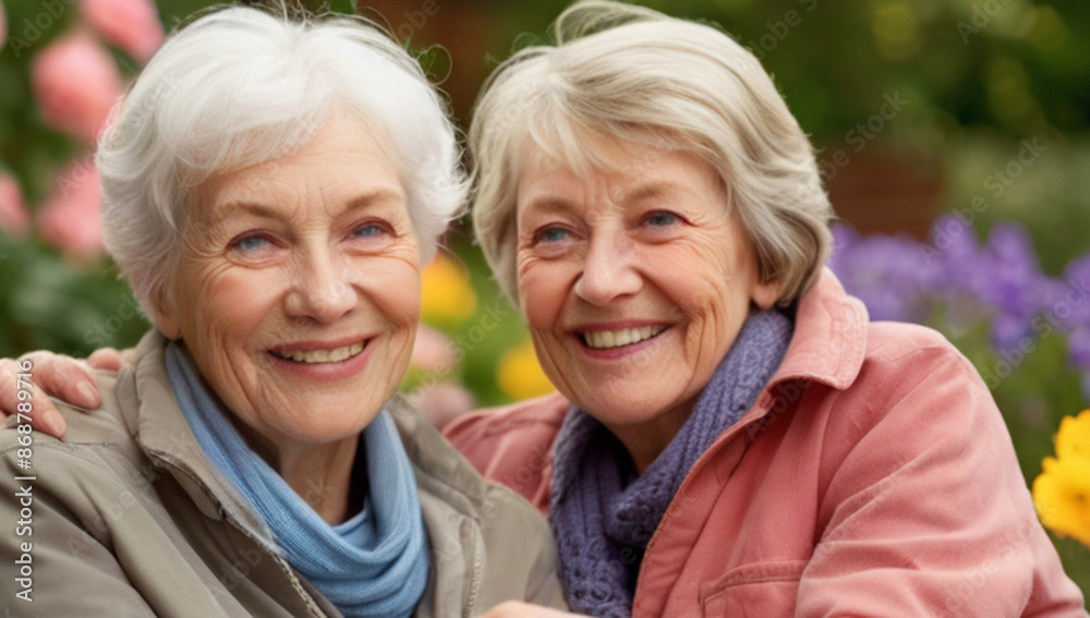 Close up portrait of two senior women sitting on the bench in garden surrounded with spring flowers in bloom, Mature female friendship which lasts year after year. Close up portrait of two senior women sitting on the bench in garden surrounded with spring flowers in bloom, Mature female friendship which lasts year after year.