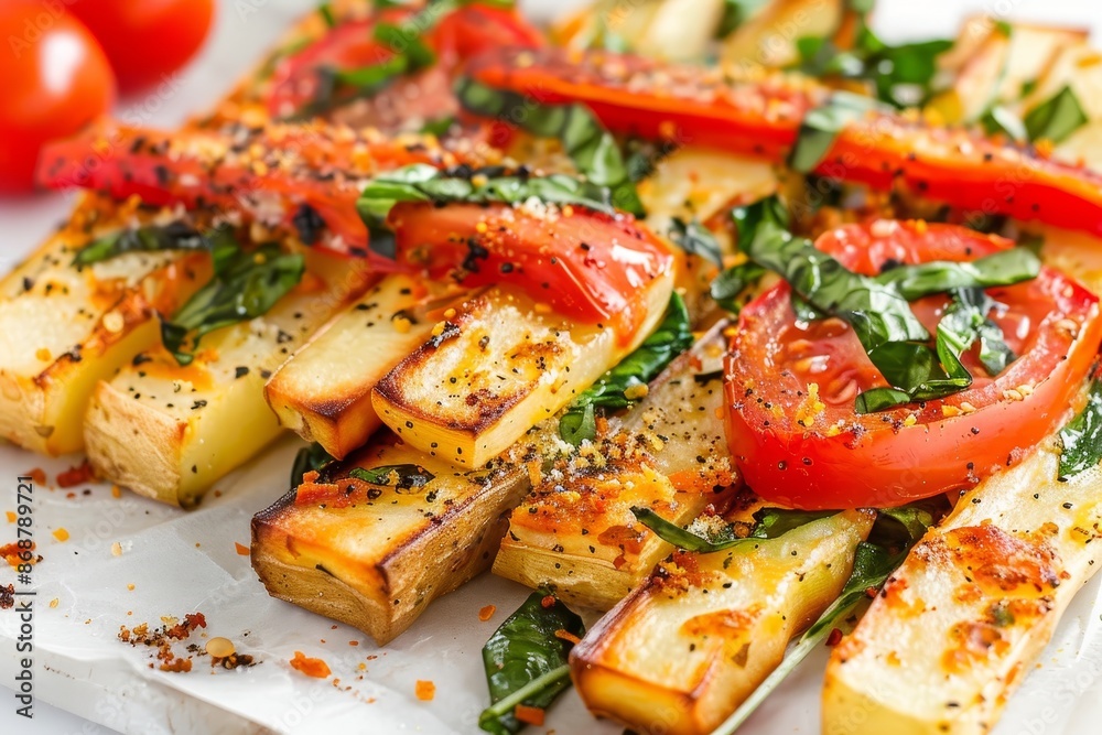Naturally baked veggie straws with tomatoes spinach and potatoes on a white background Naturally baked veggie straws with tomatoes spinach and potatoes on a white background