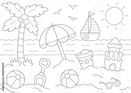Fototapeta summer beach colouring page, print it on a4 paper.