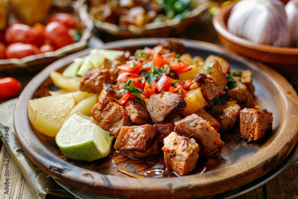 Nicaraguan pork with yucca a classic dish on wooden table Nicaraguan pork with yucca a classic dish on wooden table