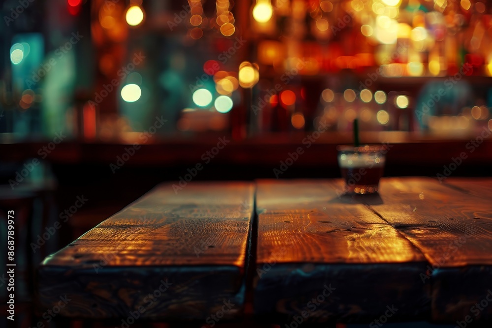 Night scene with blurred lights in a bar by an empty table for a serious theme Night scene with blurred lights in a bar by an empty table for a serious theme