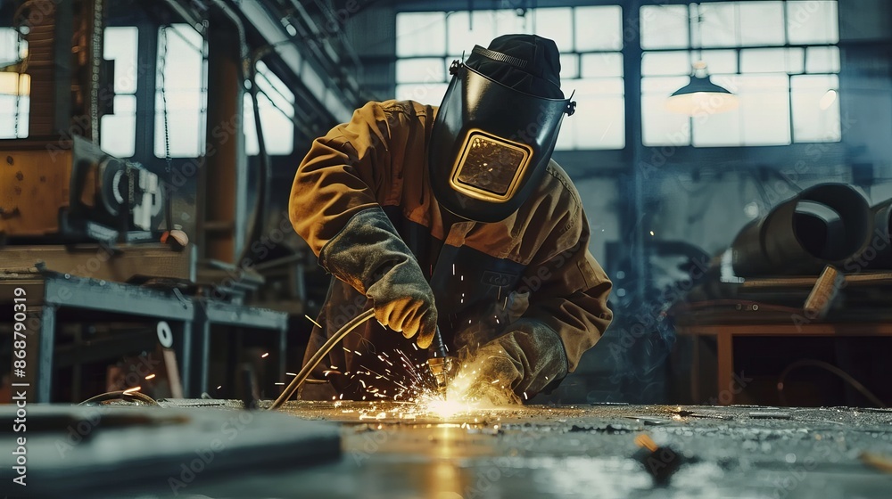 Metal worker wearing protective workwear while welding metal at a factory emphasizing industrial safety and manufacturing processes Metal worker wearing protective workwear while welding metal at a factory emphasizing industrial safety and manufacturing processes