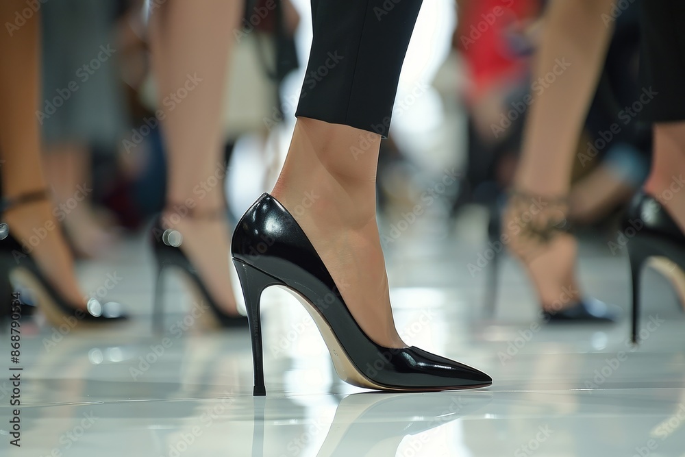 Onlookers watch models in black heels