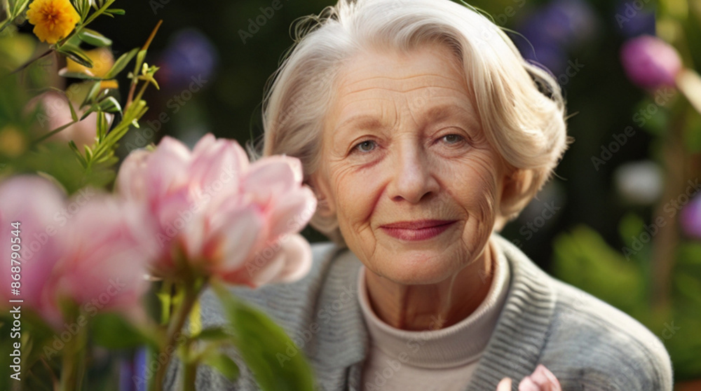 Senior woman sitting on the bench in garden, lots of spring flowers blooming around. Mature female pensioner at the garden centre. Senior woman sitting on the bench in garden, lots of spring flowers blooming around. Mature female pensioner at the garden centre.