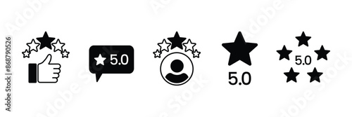 Set of five star Customer rating review icons collection. Containing 5 stars, feedback, best, satisfaction, experience, quality, comment, response, testimonials service symbol. Vector Illustration.